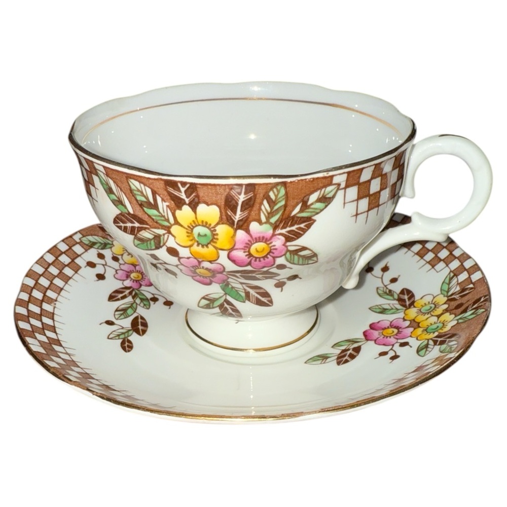 Vintage Adderley Bone China Cup Saucer Floral Checked Scalloped Edge England‎
